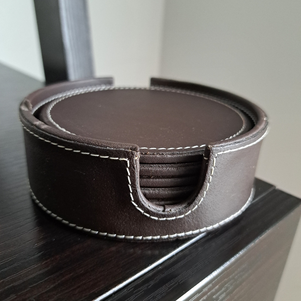 American Atelier Brown Genuine Leather Coaster Set